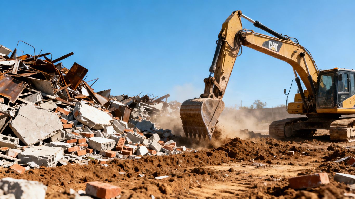 Construction site with excavator, debris, and heavy machinery.