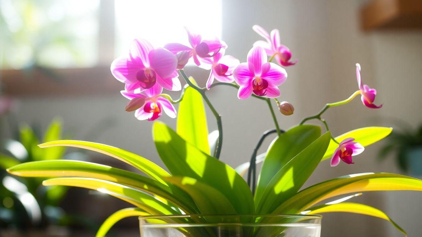 Orquídea em vaso com folhas verdes e flores coloridas.