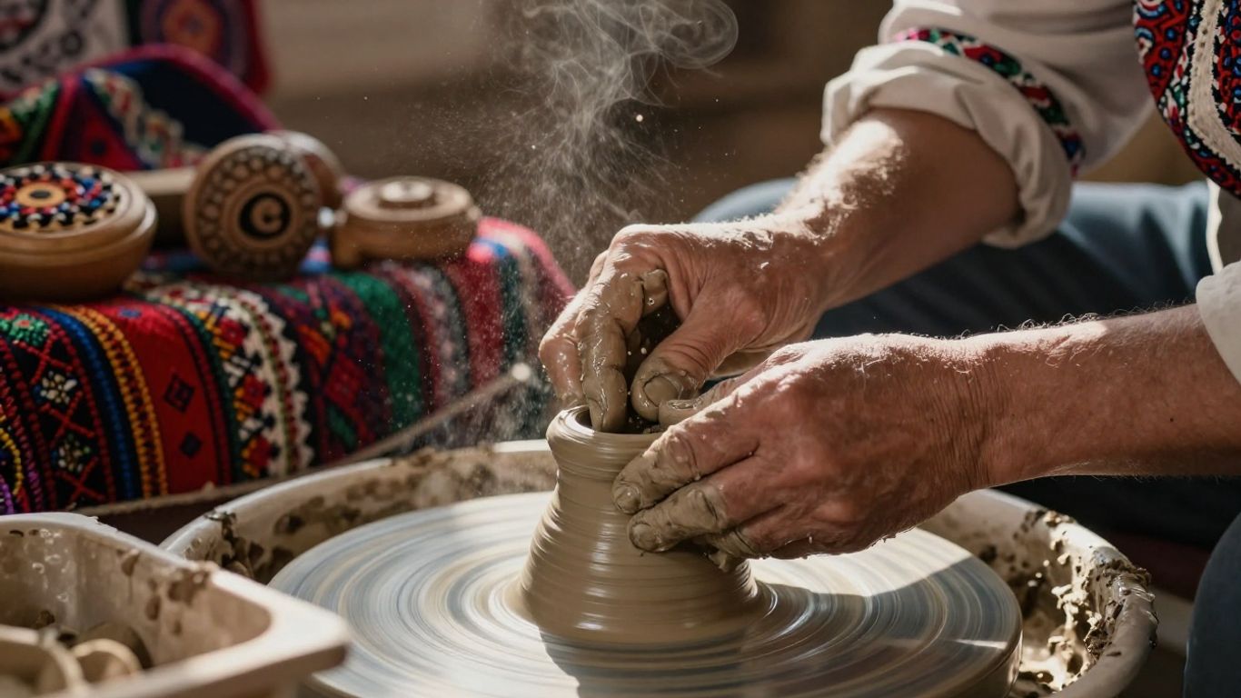 Meșteșuguri tradiționale românești: olărit, țesături, sculptură în lemn.