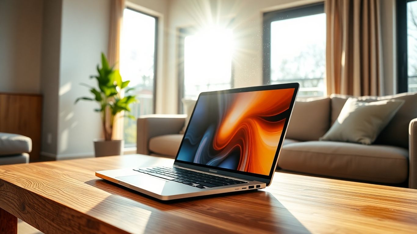 Sala de estar moderna con portátil y luz solar.