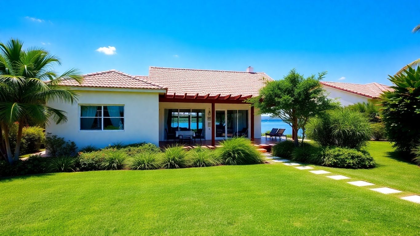 Casa de vacaciones soleada con vista al lago.