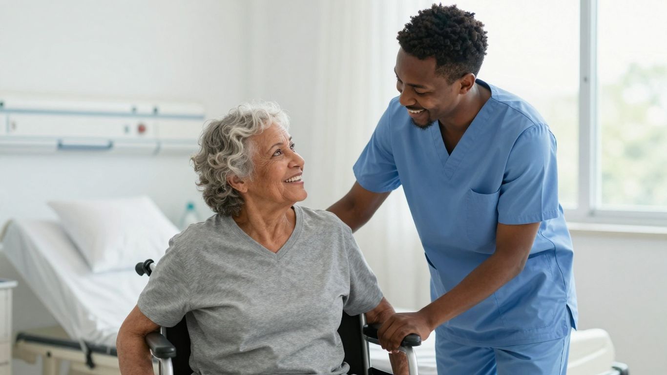 CNA helping elderly patient in hospital room.