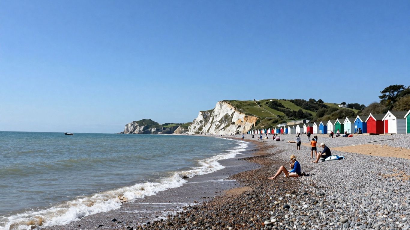 Beach scene in Lyme Regis with cliffs and sea.