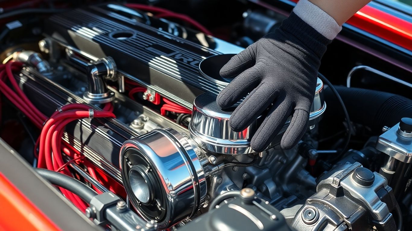 Close-up of a clean car engine with a mechanic's hand.