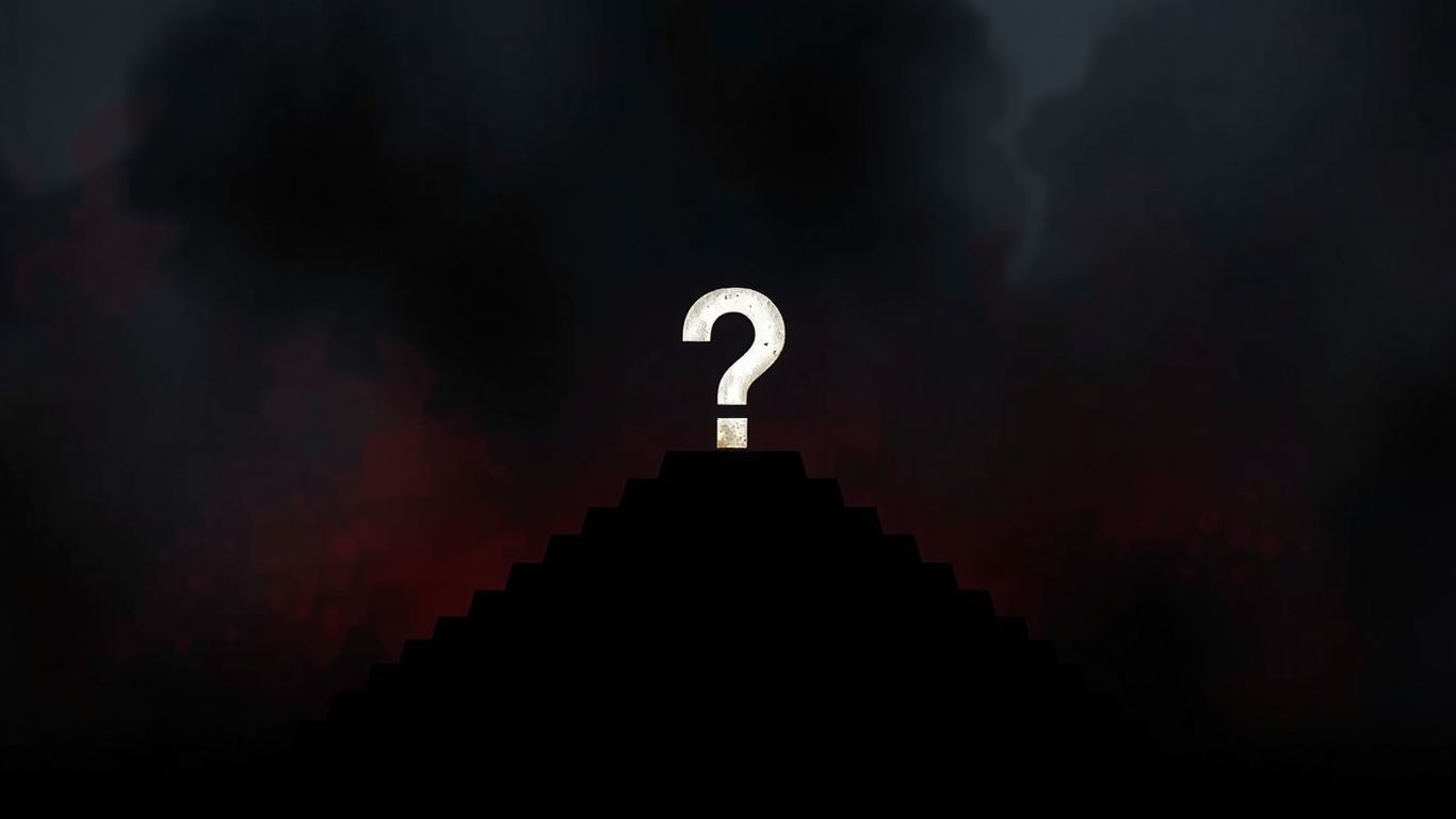 Pyramid with a question mark, red flags.