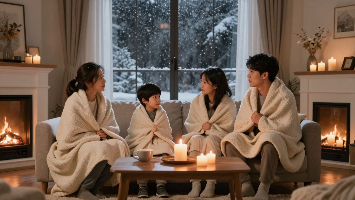 Family by fireplace during winter power outage.
