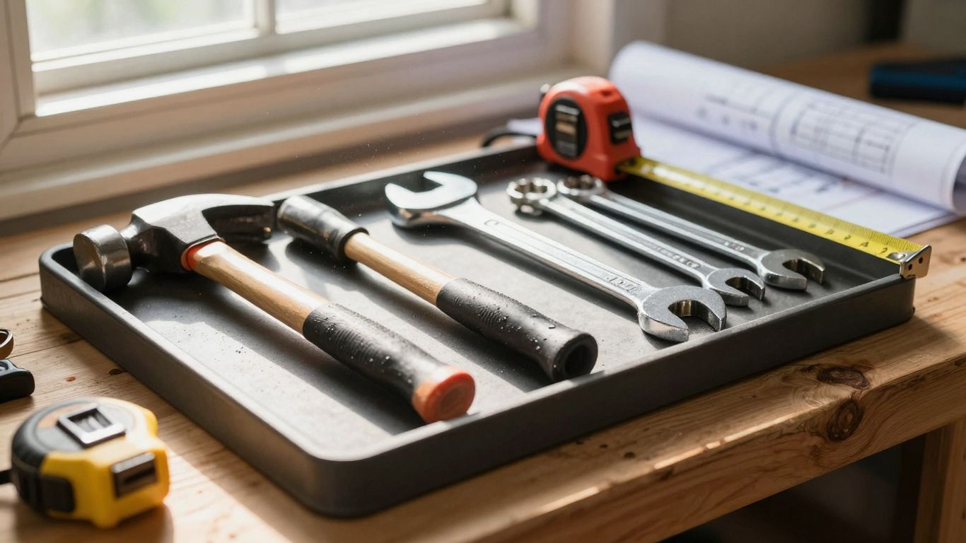 Contractor's toolbox with tools on a workbench.