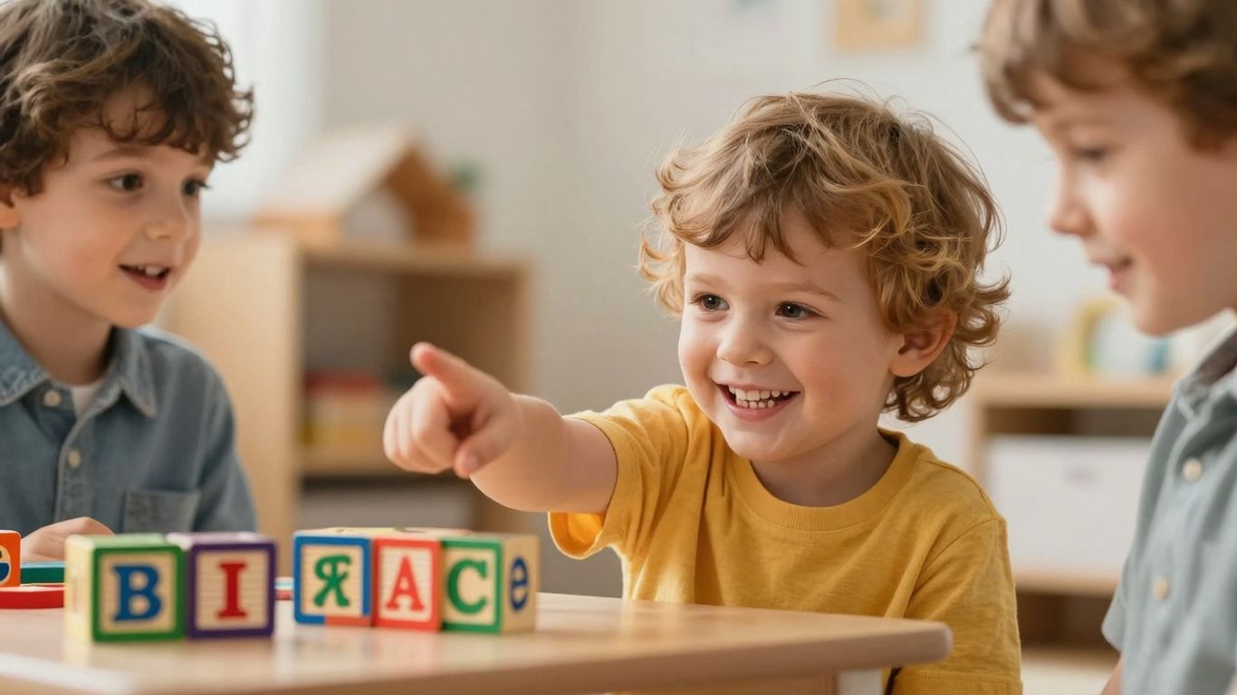 Child pointing at alphabet block with name
