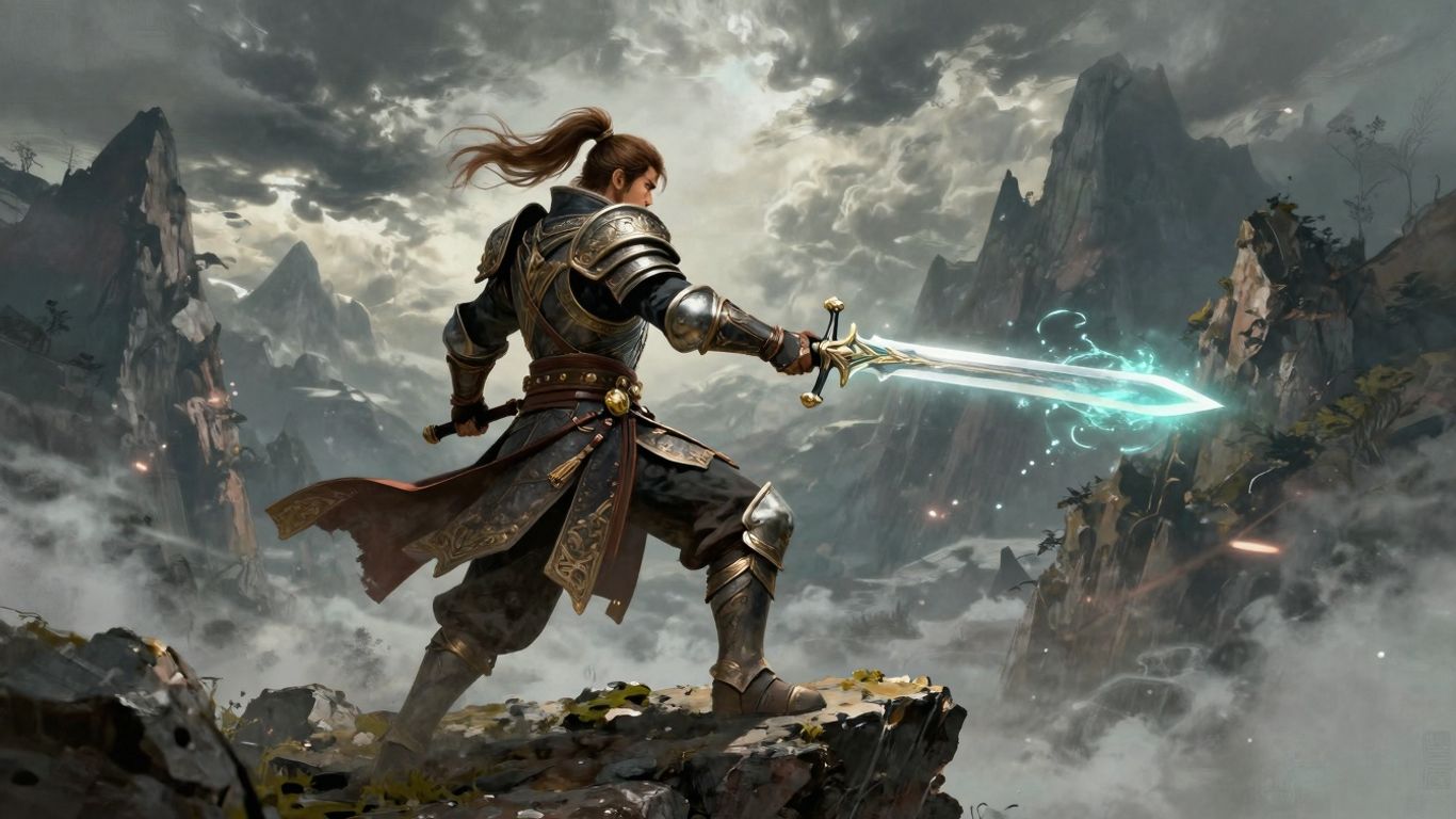 Warrior on a cliff with a glowing sword.