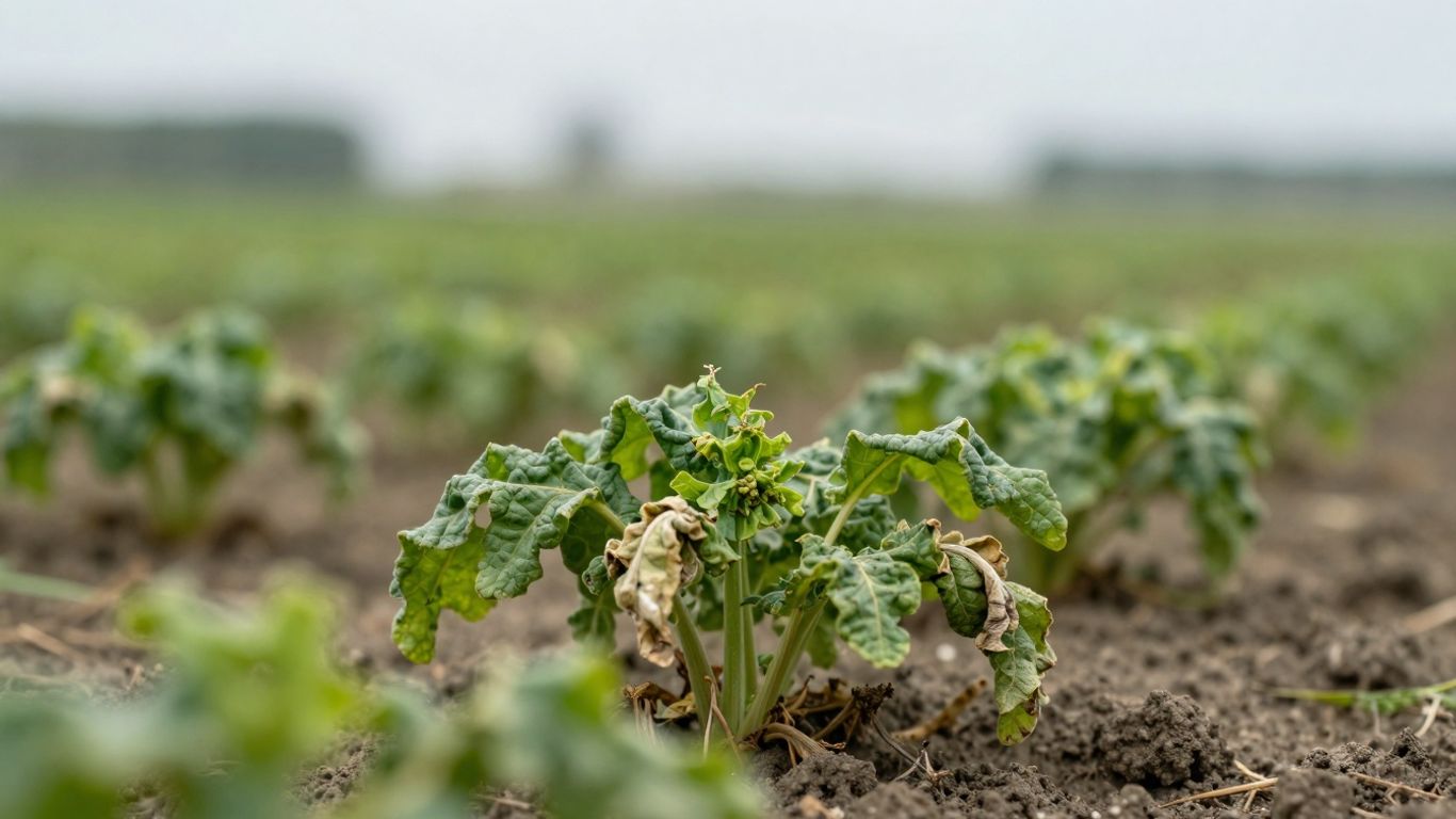 Verwelkte Pflanzen auf einem Feld, die Ernteverlust anzeigen.