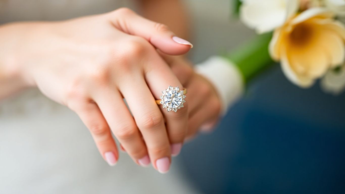 Bride's hand with diamond ring and gold bands