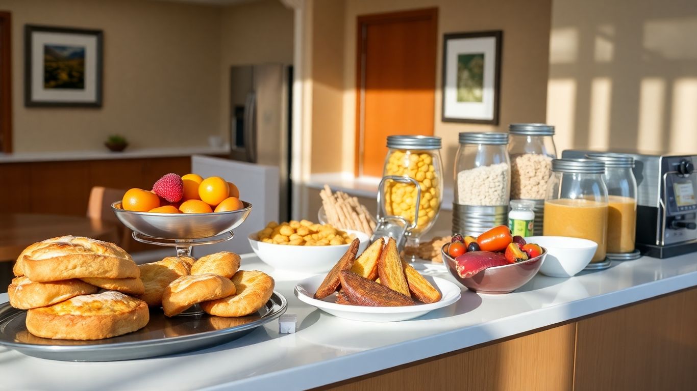 Holiday Inn Express breakfast spread with pastries and fruit.