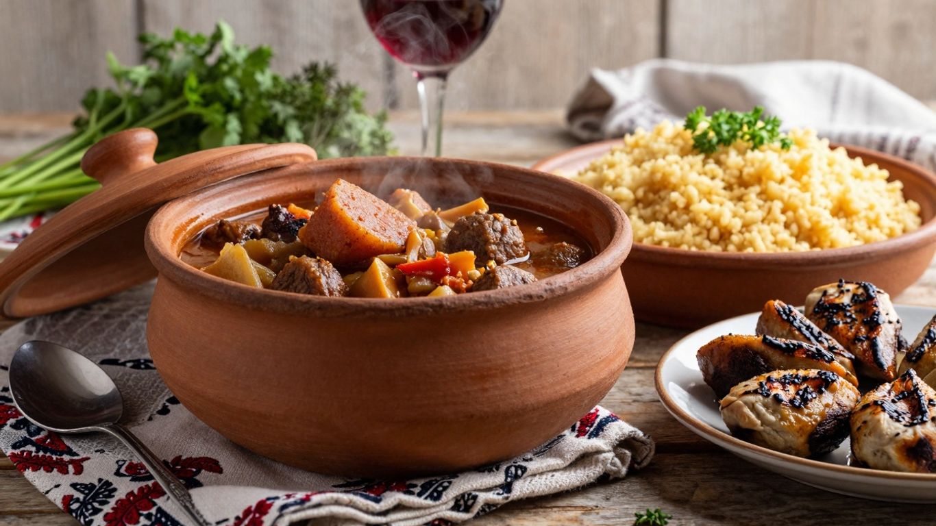 Mâncare tradițională românească pe o masă de lemn.