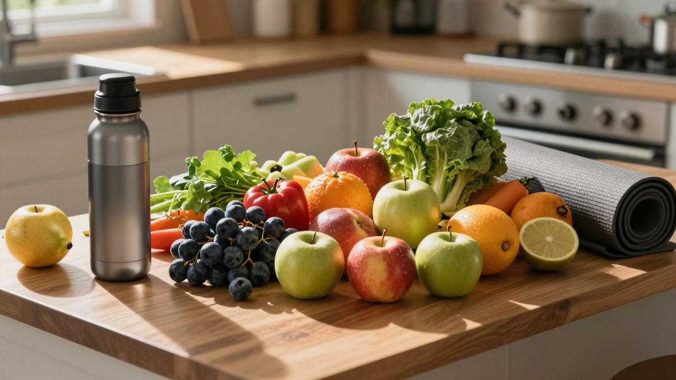 Fructe, legume și sticlă de apă pe un blat.