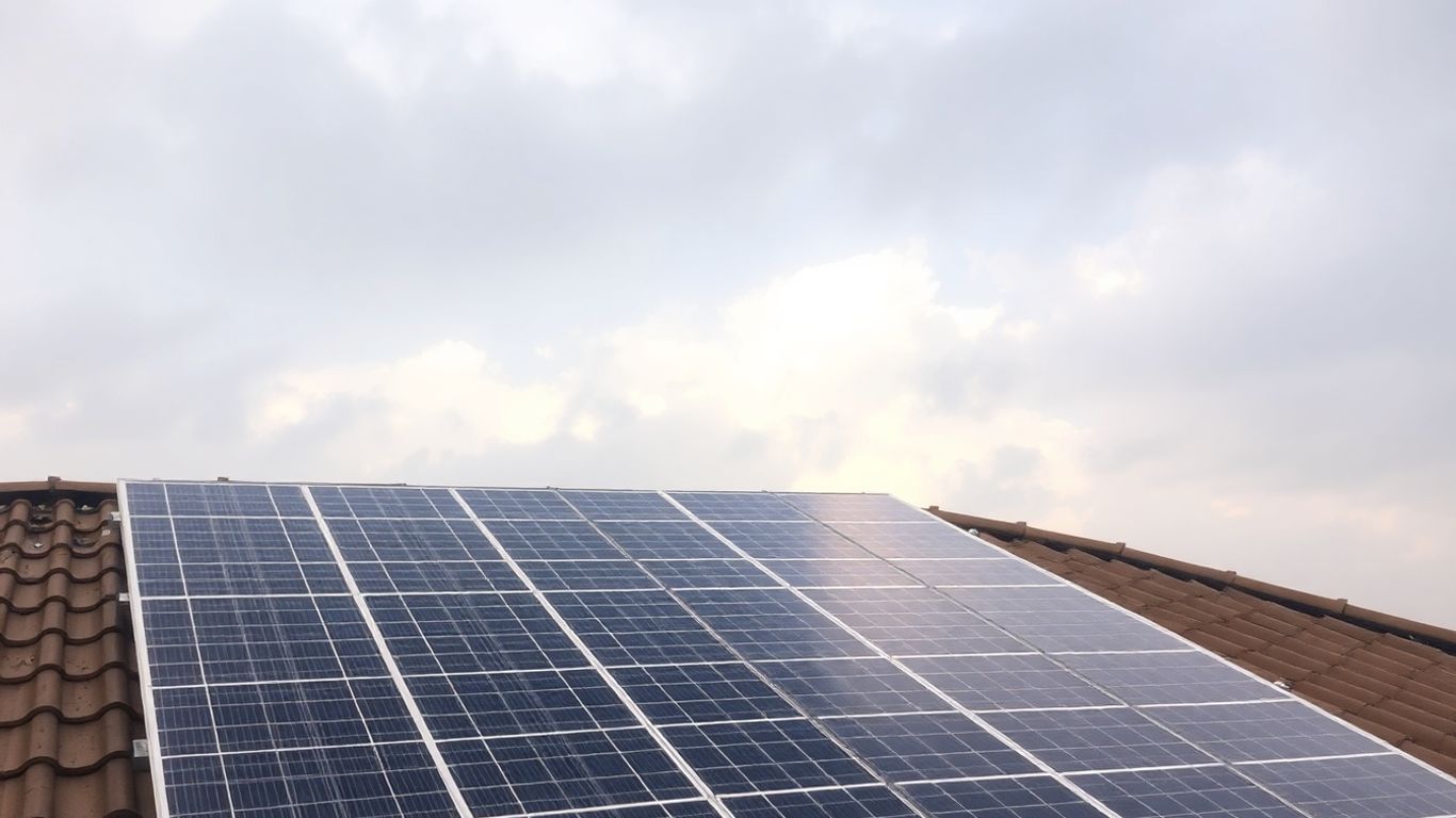 Panneaux solaires sous un ciel couvert et nuageux.