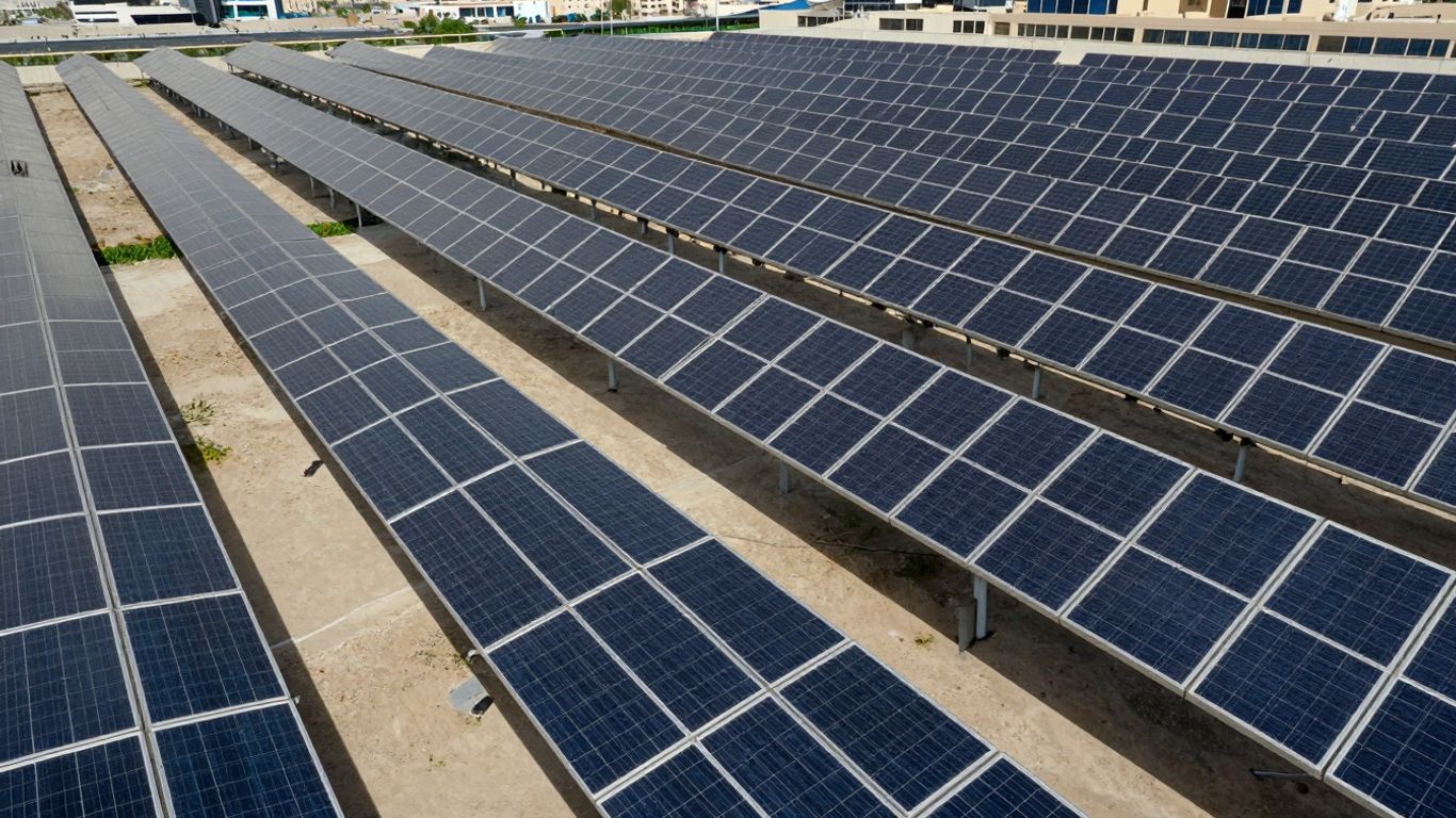 Panneaux solaires à Dubaï sous un soleil éclatant.