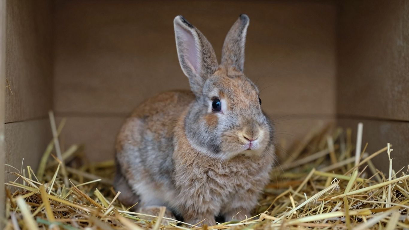 Adorable baby bunny rabbit in a straw hutch.