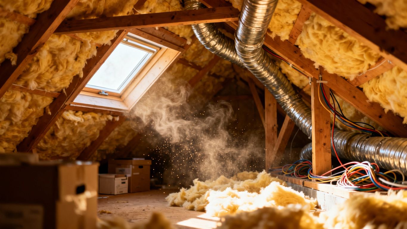 Attic insulation and HVAC ductwork with natural light.