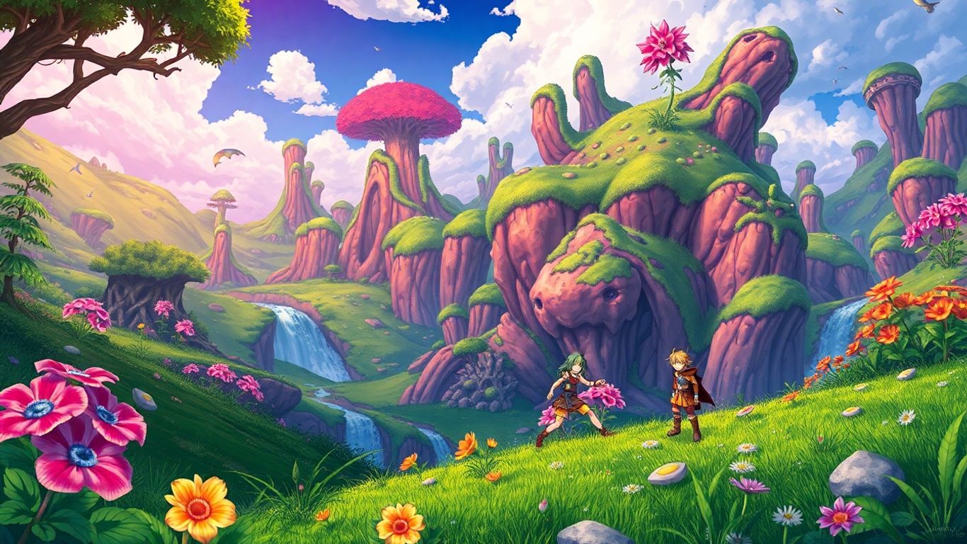 Chrono Cross game art with characters and fantasy landscape.