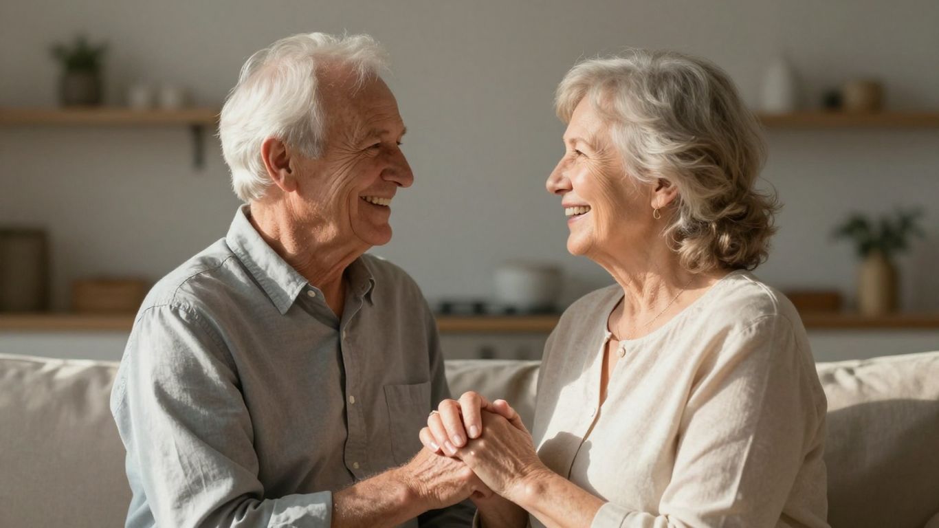 Senior couple holding hands, looking happy and secure.