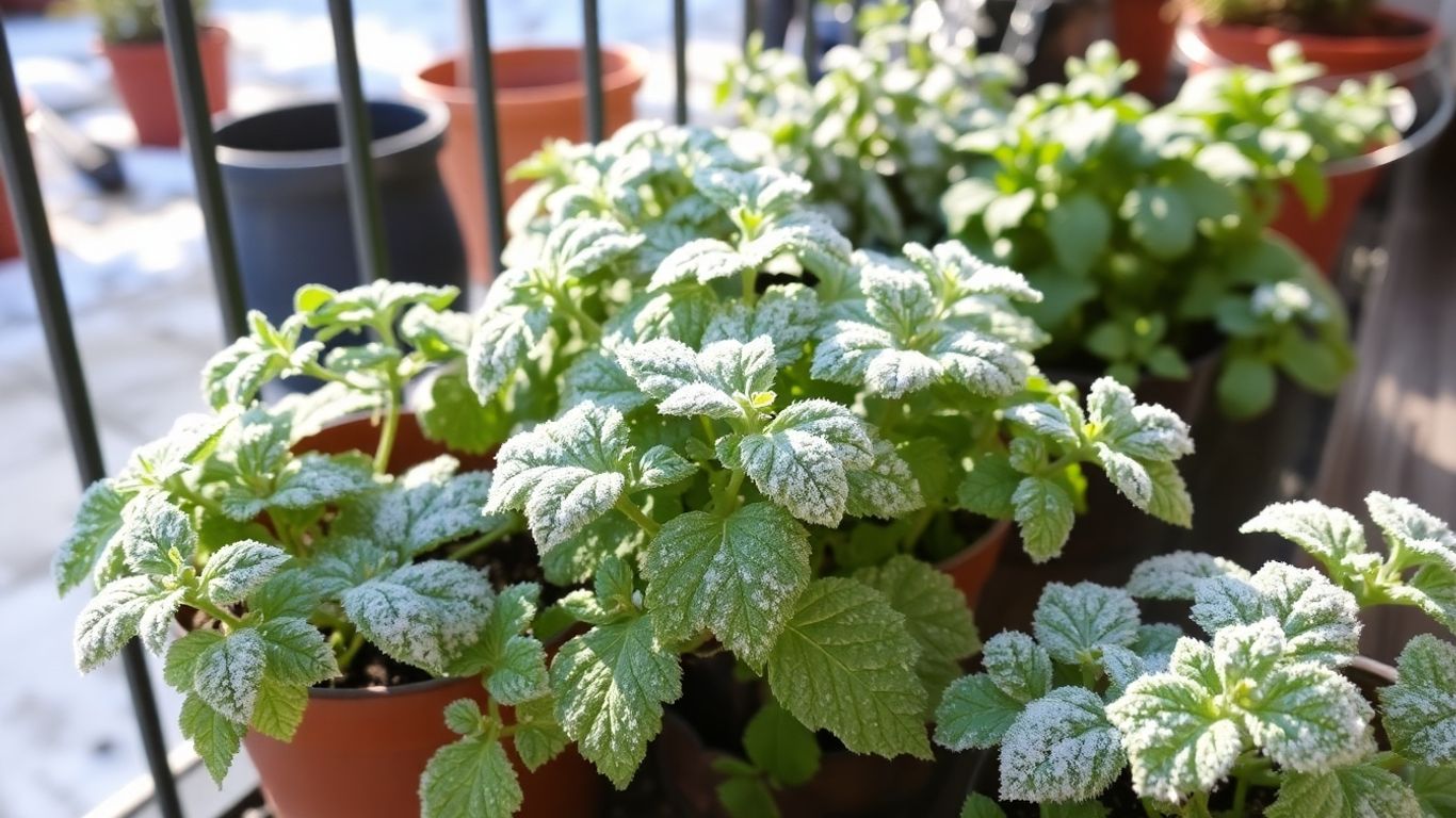 Kräuter im Winterschutz auf einem Balkon