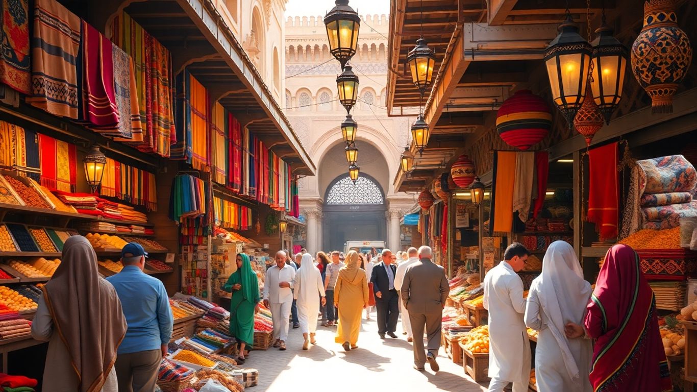 Colorful Moroccan marketplace with spices and lanterns.