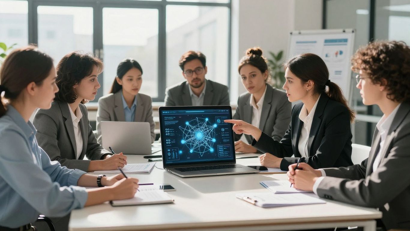 Business professionals planning IT strategy around a table.