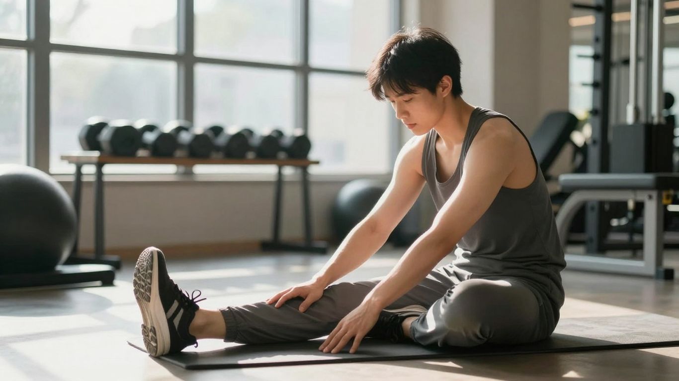 Beginner stretching after gym workout, calm recovery.