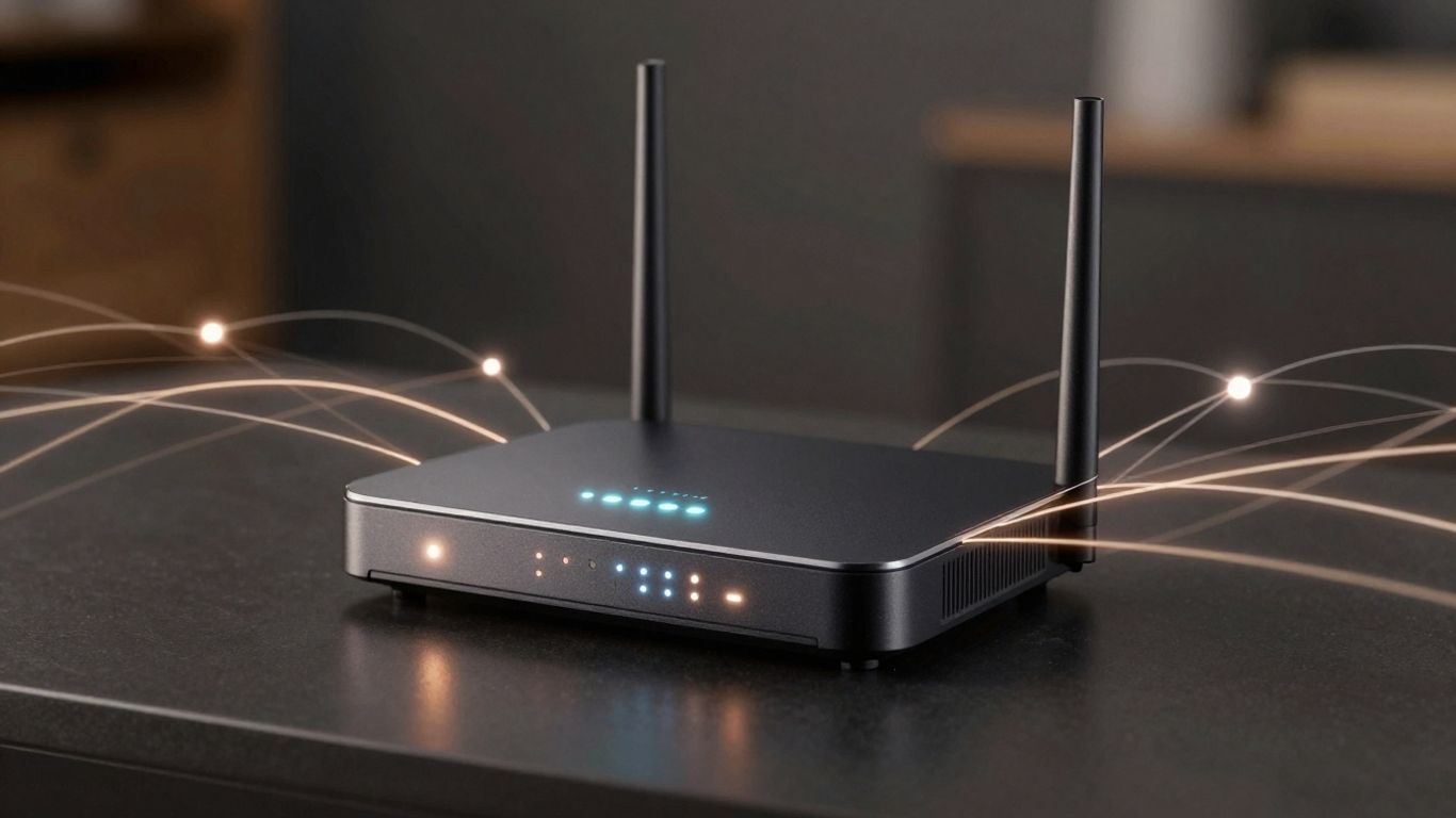 Router con luces indicadoras y líneas de red.