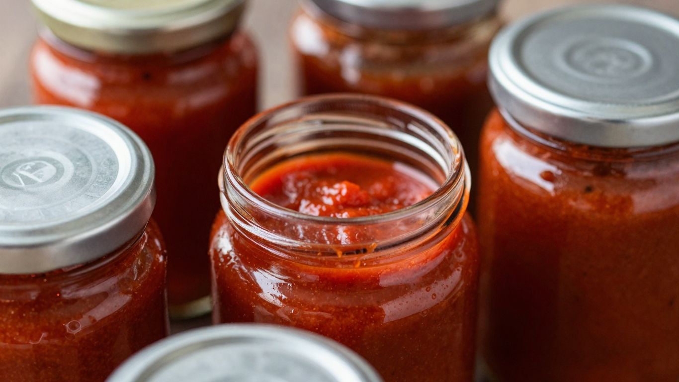 Glass jars of pasta sauce with lids.