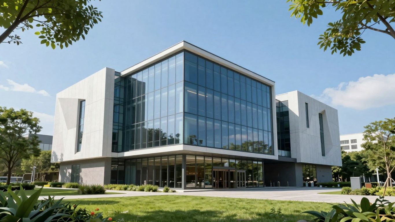 Modern commercial building with unique architecture and glass.