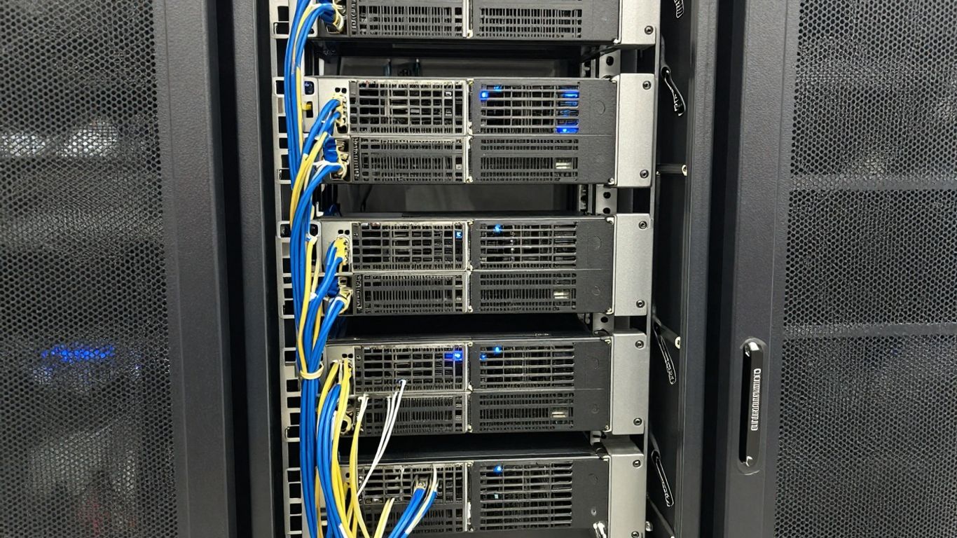 Server rack with glowing blue lights and cables.
