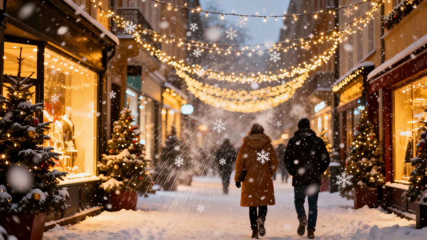 Holiday lights illuminate downtown storefronts and streets.