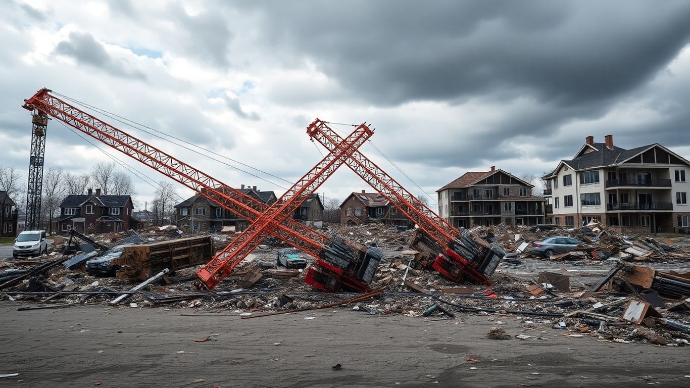 Grues tombées après une tornade à Ermont, Val-d'Oise.