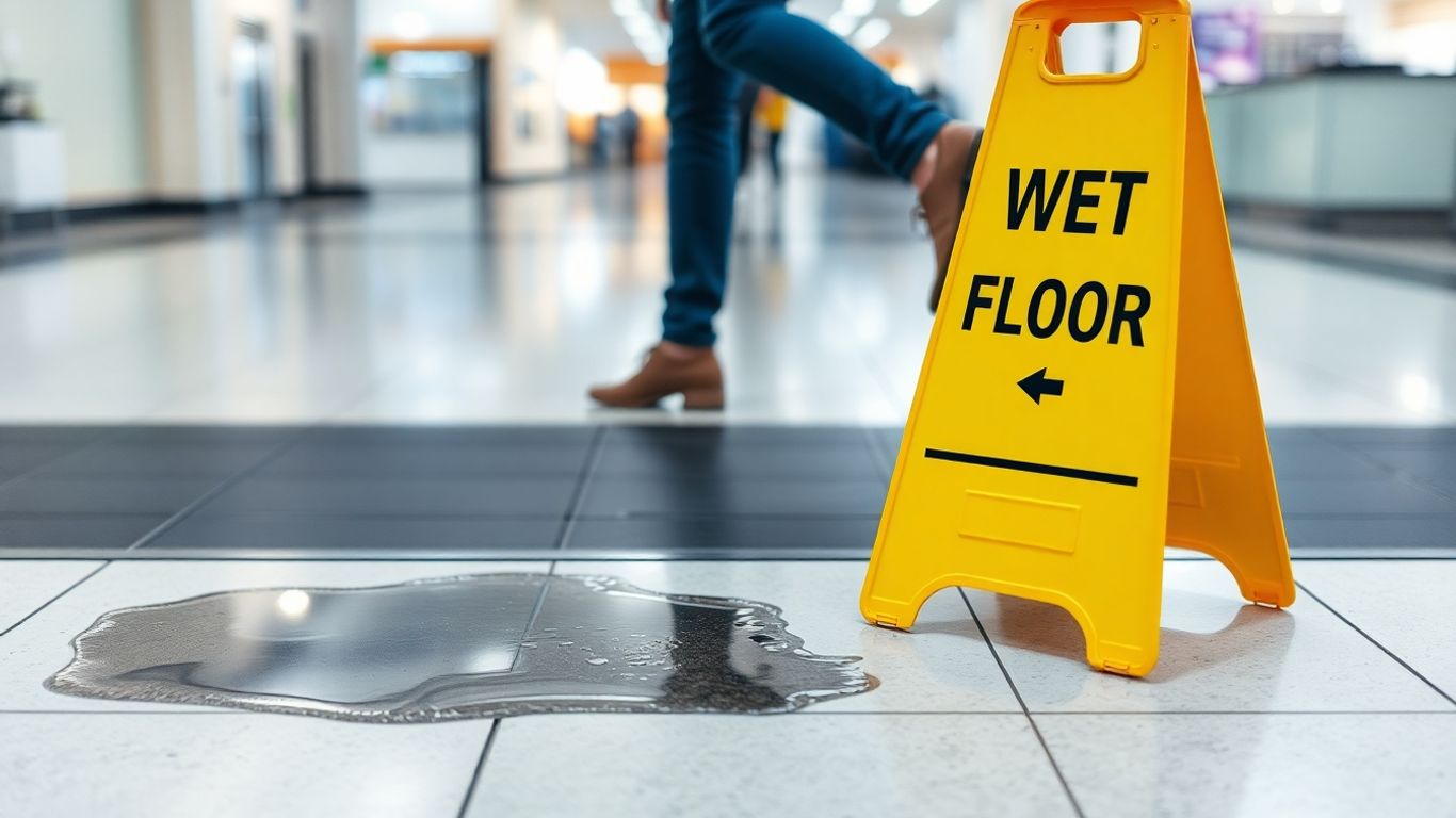 Slippery floor accident scene with person falling.