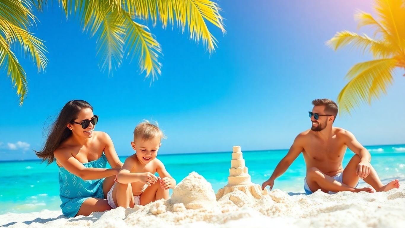 Rodzina na plaży buduje zamek z piasku.