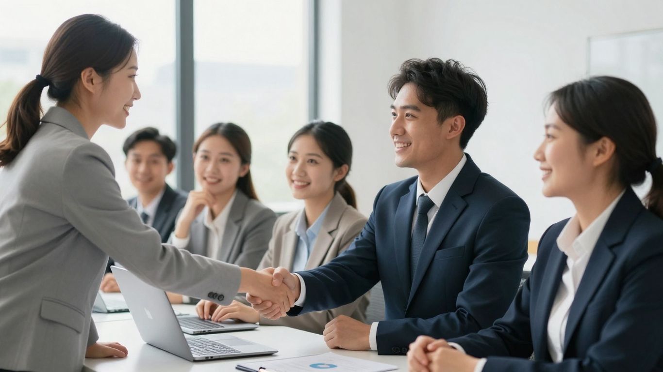 Mensen die glimlachen en samenwerken in professionele omgevingen.