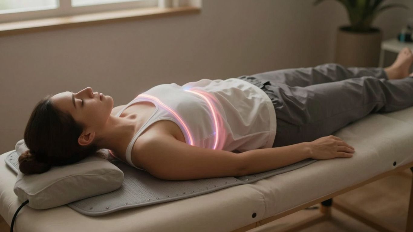 Person receiving PEMF therapy on a treatment bed.