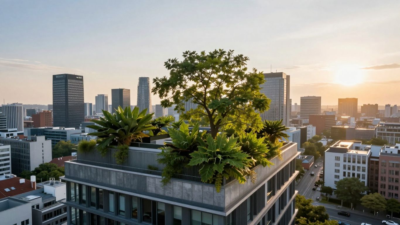 Nachhaltige Stadtentwicklung mit grünen Dächern und Sonnenschein.