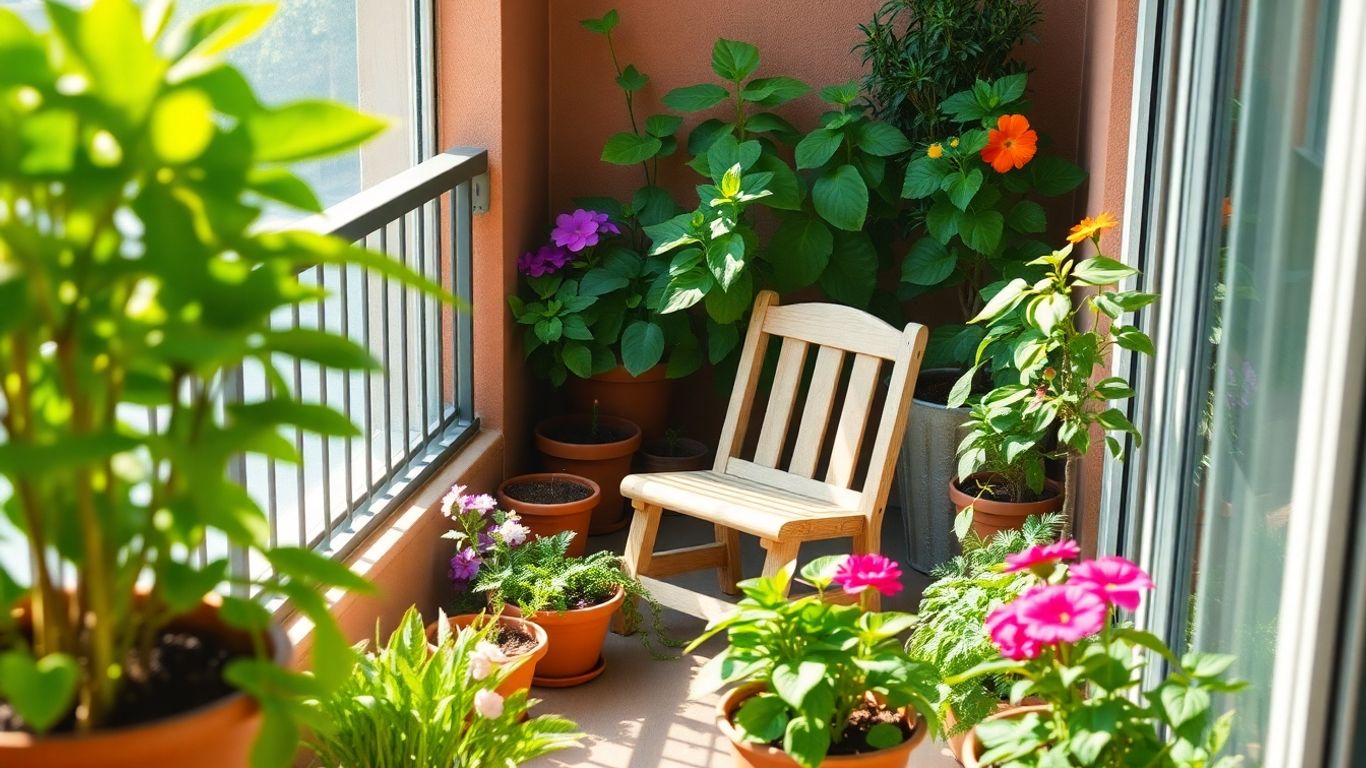 Kleine Balkongarten mit Pflanzen und Stuhl