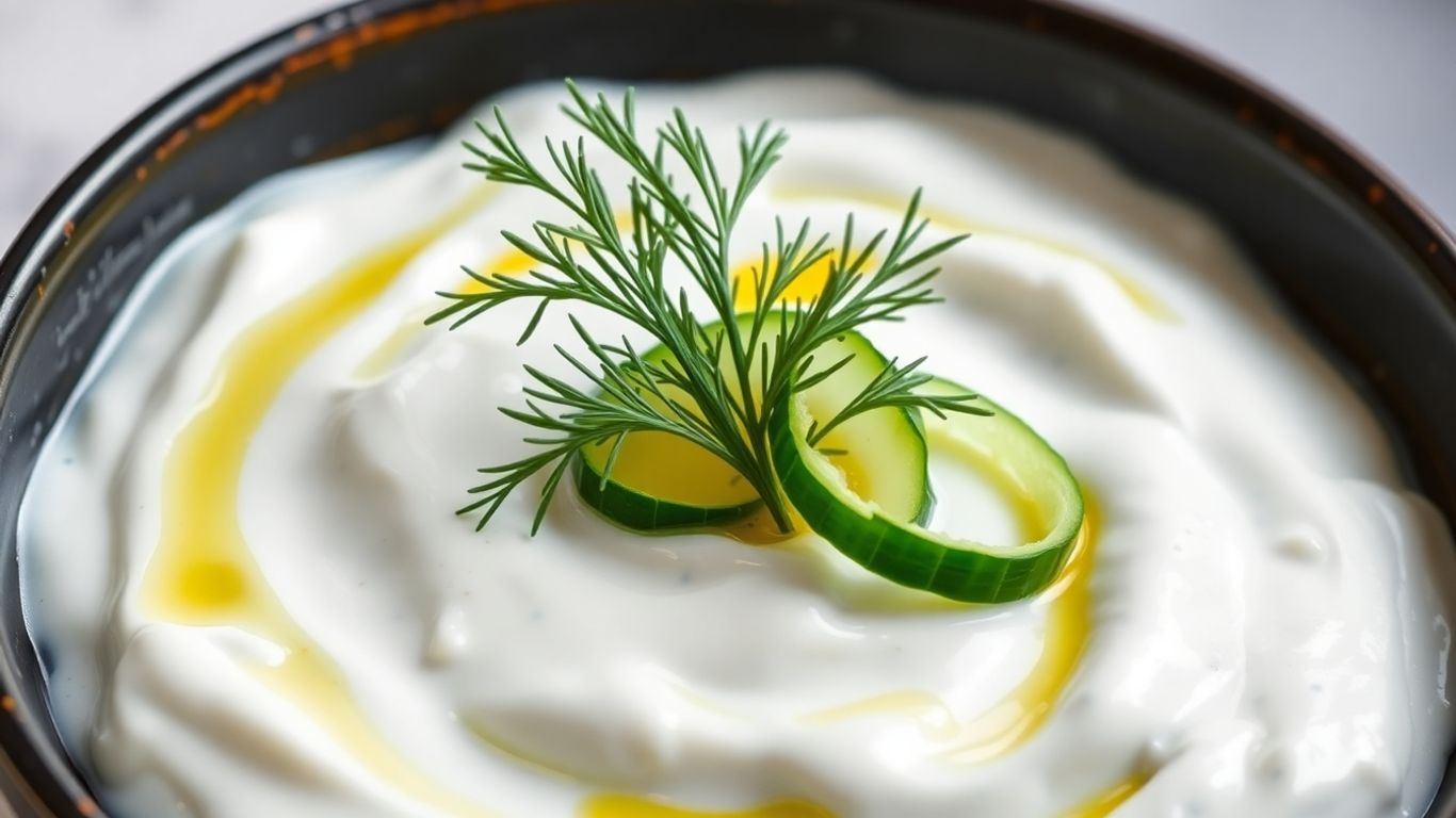Bowl of creamy tzatziki with cucumber and dill