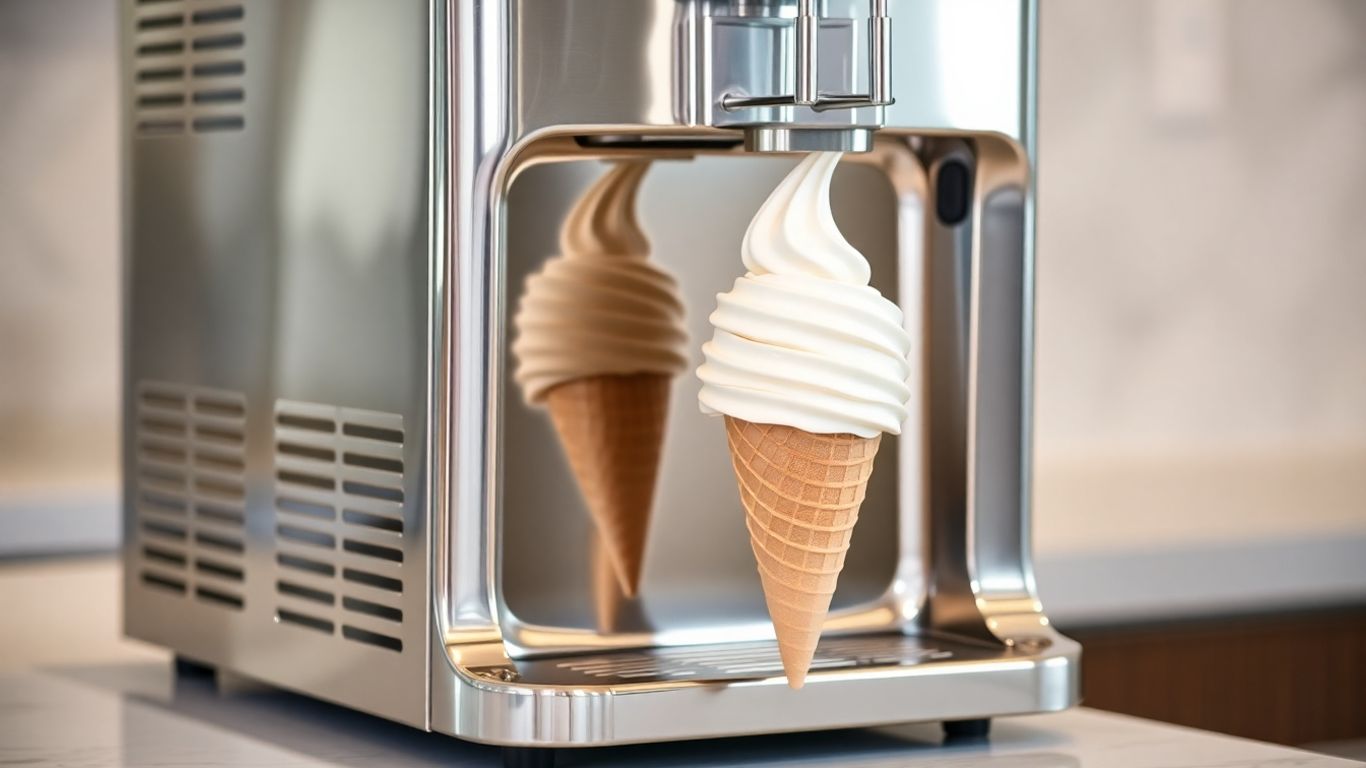 Commercial ice cream maker dispensing soft-serve ice cream.
