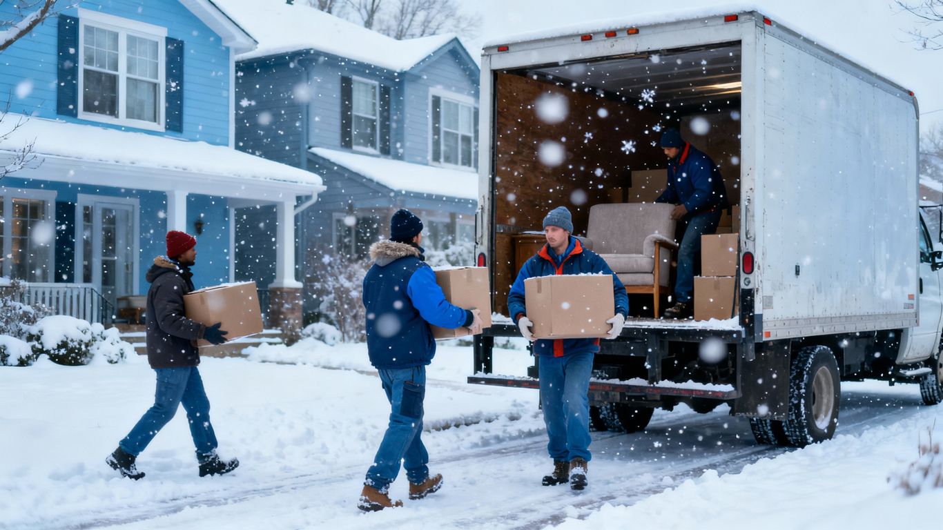 Movers carrying boxes in snowy weather.