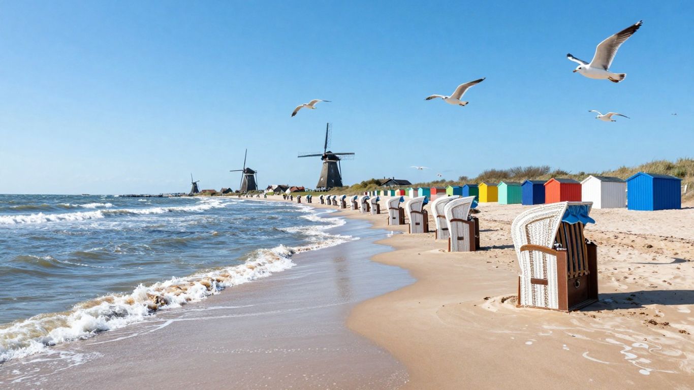 Nederlandse kustlijn met golven, zand en meeuwen.