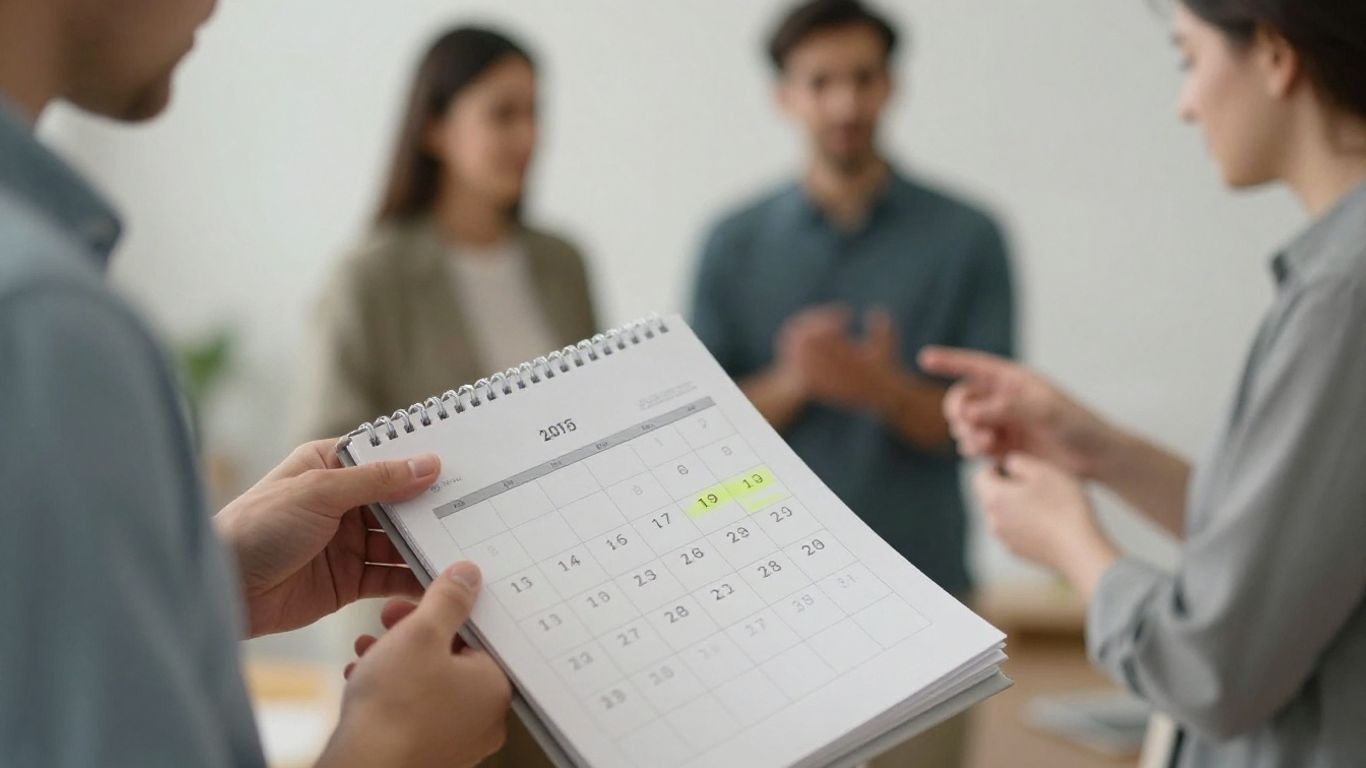 Hand holding calendar, people communicating in background.