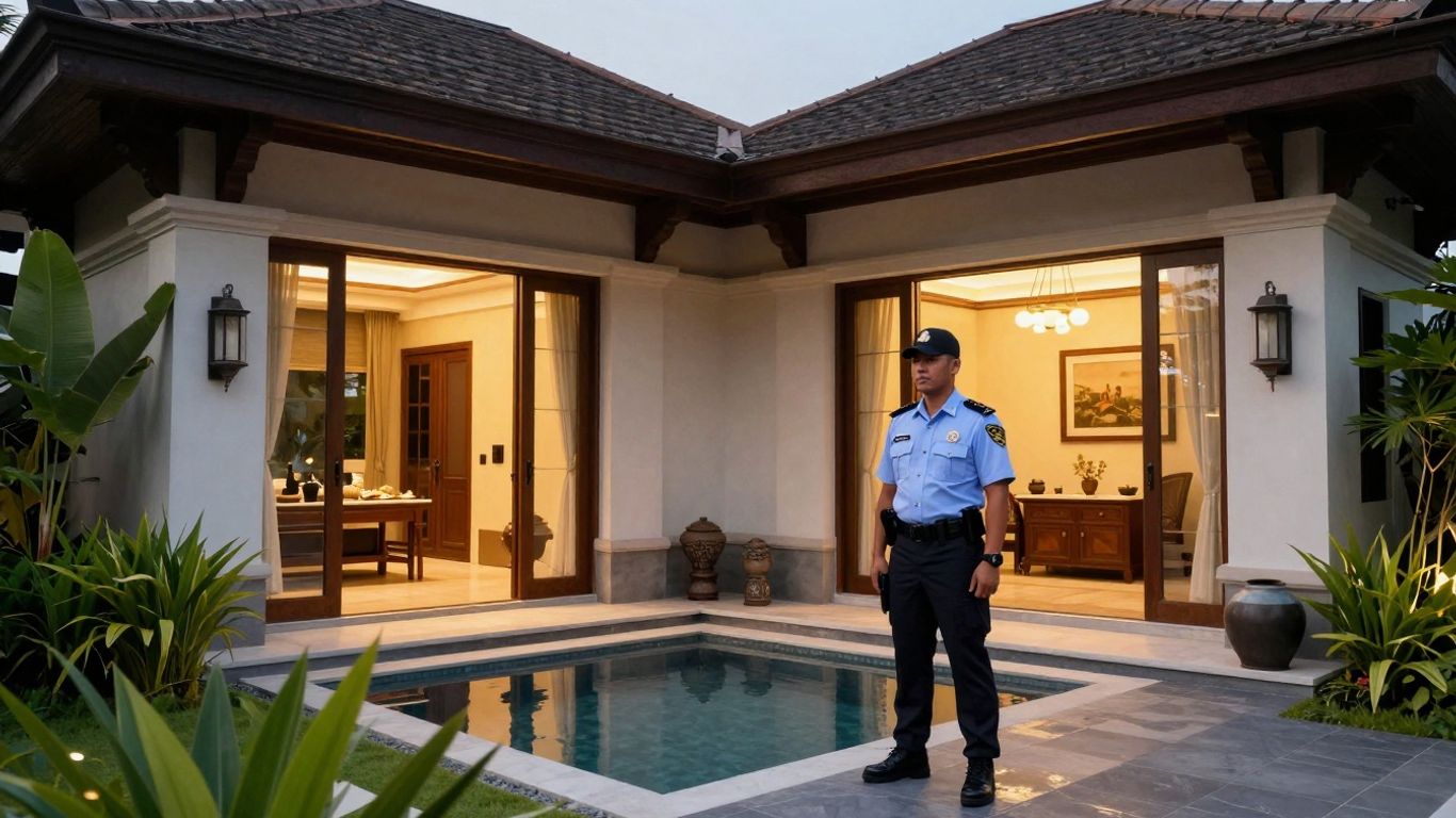Security guard protecting a luxury villa in Bali.