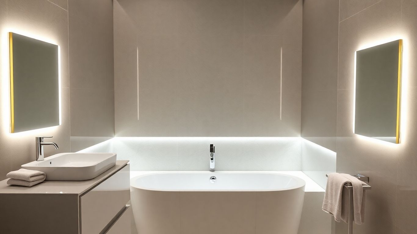Waterproof LED strip lights in a modern bathroom.