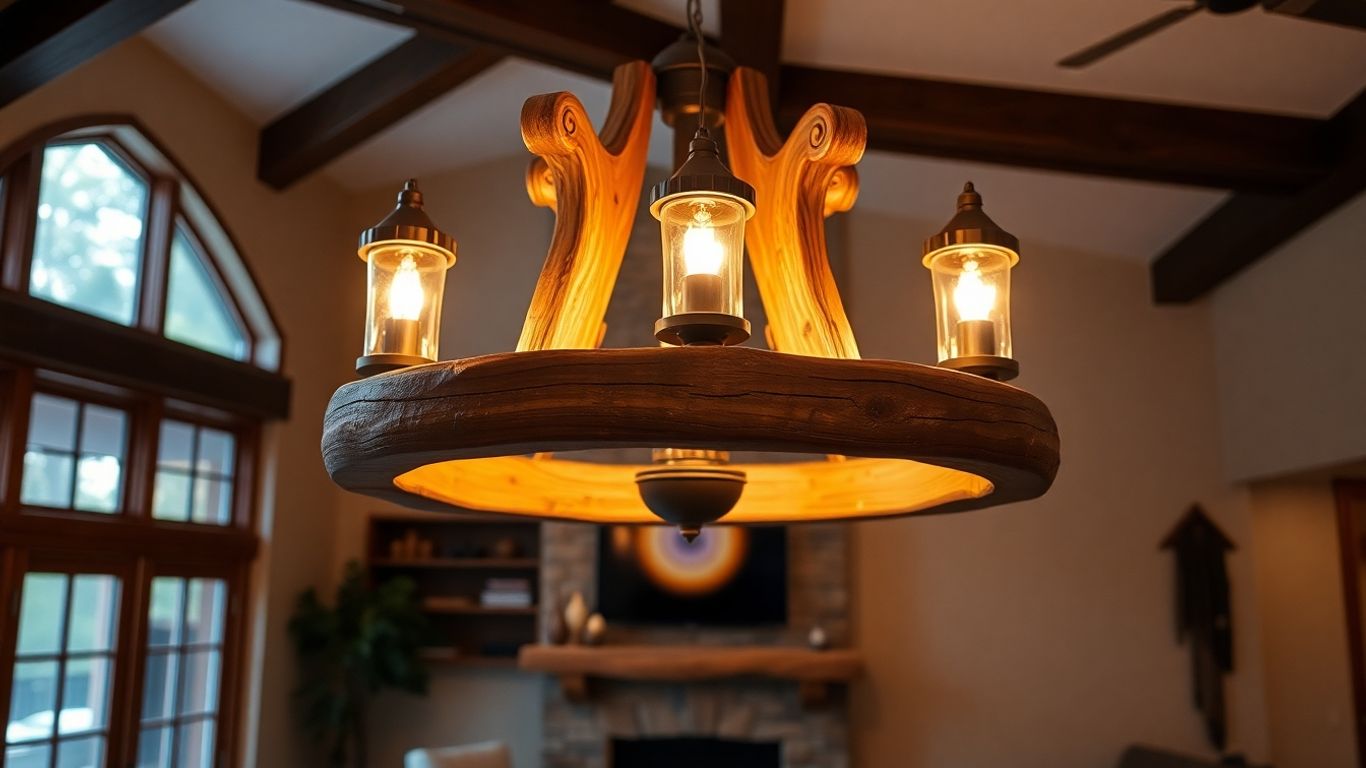 Wood rustic chandelier in a cosy living room.