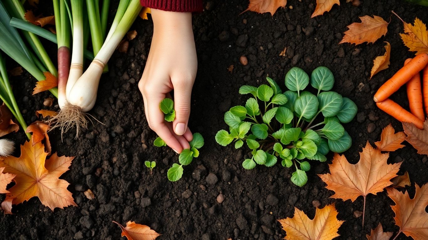 Hände säen Wintergemüse in herbstlichem Gartenbeet