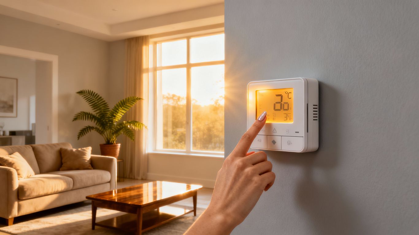 Modern thermostat on a living room wall.